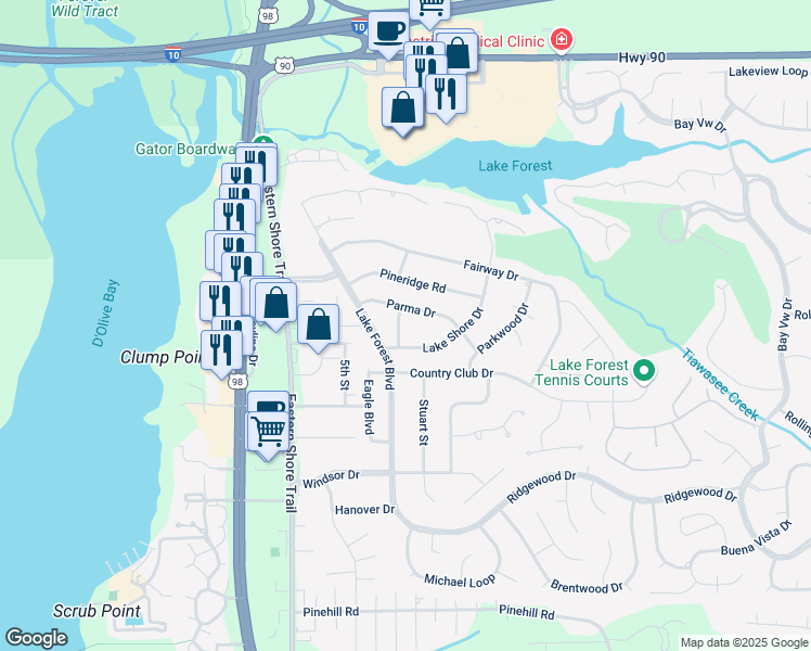 map of restaurants, bars, coffee shops, grocery stores, and more near 200 Parma Drive in Daphne