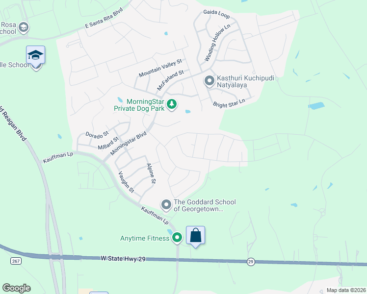 map of restaurants, bars, coffee shops, grocery stores, and more near Ridgeview Court in Georgetown
