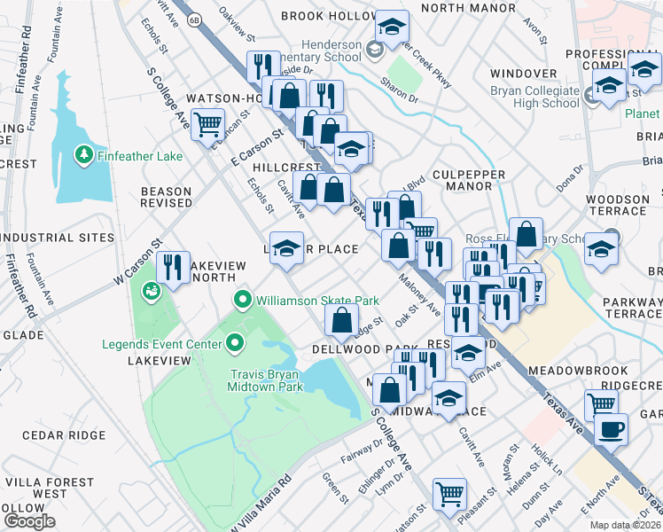 map of restaurants, bars, coffee shops, grocery stores, and more near 301 Post Office Street in Bryan