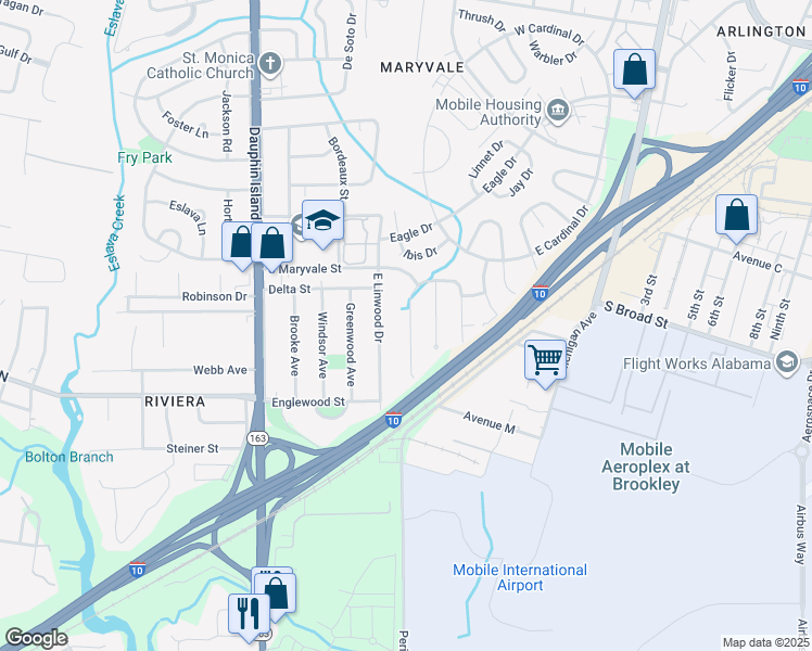 map of restaurants, bars, coffee shops, grocery stores, and more near 1313 West Gulf Field Drive in Mobile