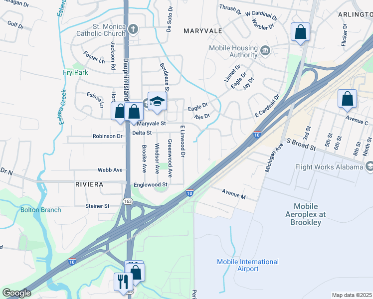 map of restaurants, bars, coffee shops, grocery stores, and more near 1315 East Linwood Drive in Mobile