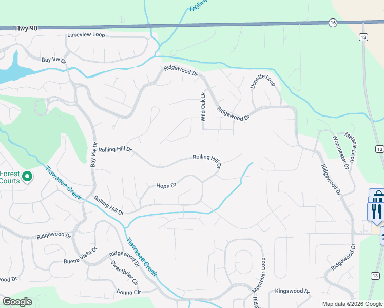 map of restaurants, bars, coffee shops, grocery stores, and more near 167 Rolling Hill Drive in Daphne