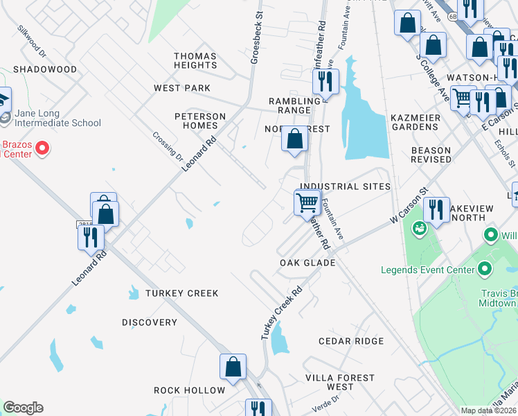 map of restaurants, bars, coffee shops, grocery stores, and more near 1112 Cottage Grove Circle in Bryan