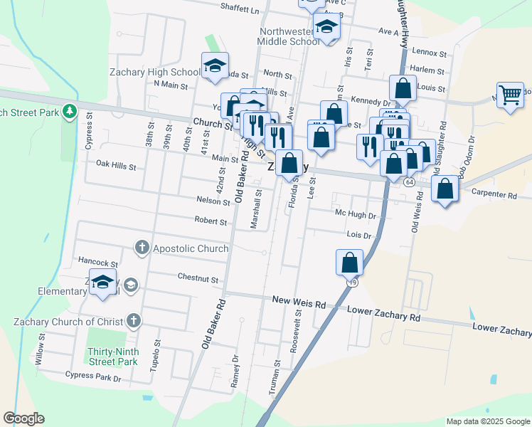 map of restaurants, bars, coffee shops, grocery stores, and more near 4312 Marshall Street in Zachary