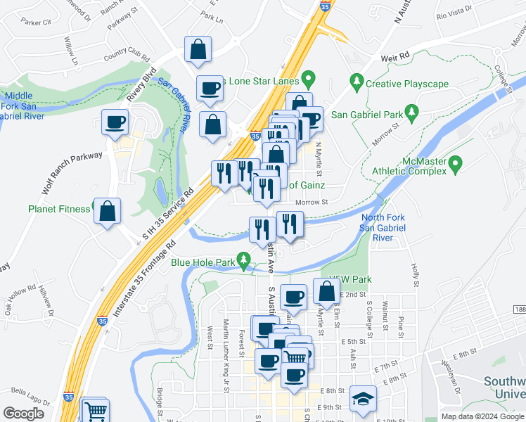 map of restaurants, bars, coffee shops, grocery stores, and more near 406 North Austin Avenue in Georgetown