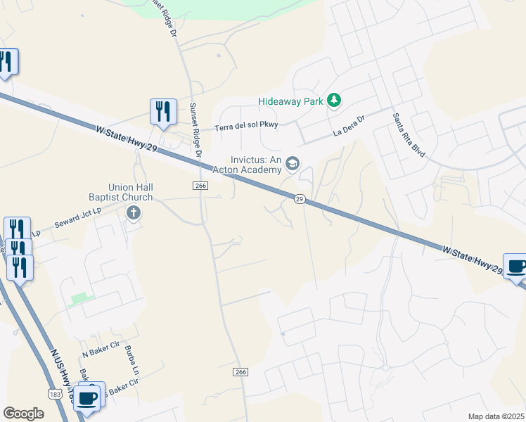 map of restaurants, bars, coffee shops, grocery stores, and more near 10085 West State Highway 29 in Georgetown