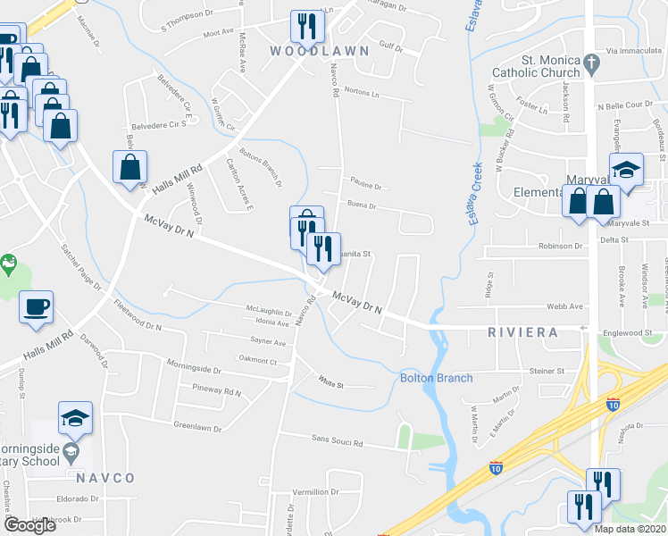 map of restaurants, bars, coffee shops, grocery stores, and more near 1357 Navco Road in Mobile