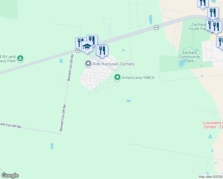 map of restaurants, bars, coffee shops, grocery stores, and more near 4200 Liberty Way in Zachary