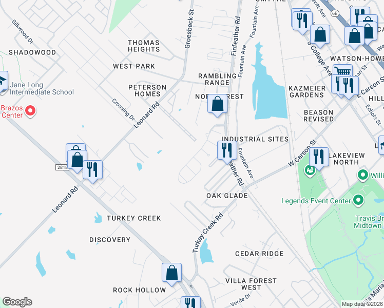 map of restaurants, bars, coffee shops, grocery stores, and more near 1112 Cottage Grove Circle in Bryan