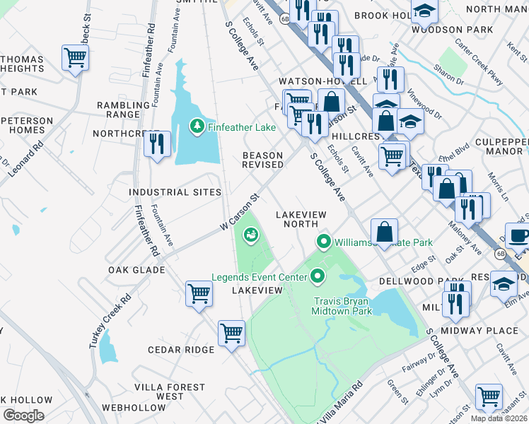map of restaurants, bars, coffee shops, grocery stores, and more near 511 West Carson Street in Bryan