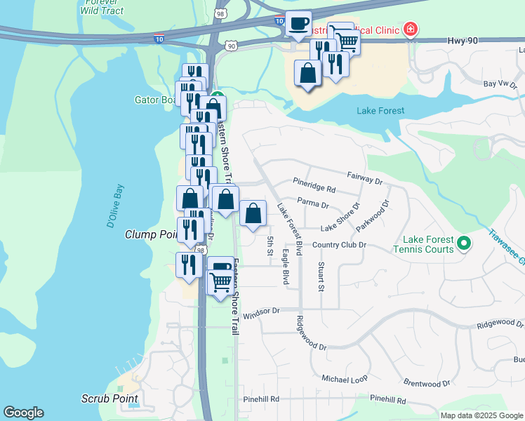 map of restaurants, bars, coffee shops, grocery stores, and more near 600 Cheshire Lane in Daphne