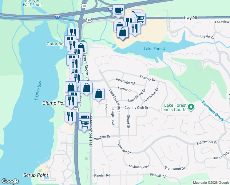 map of restaurants, bars, coffee shops, grocery stores, and more near 100 Tower Drive in Daphne