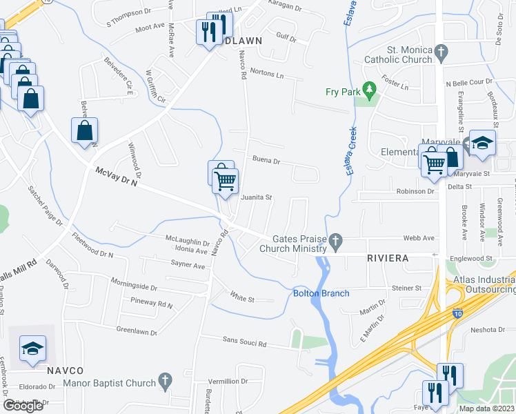 map of restaurants, bars, coffee shops, grocery stores, and more near 1355 Odette Avenue in Mobile