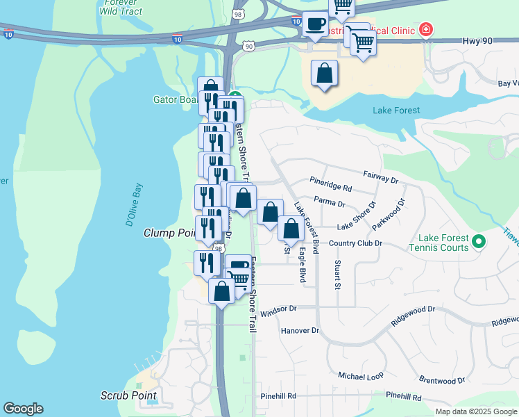 map of restaurants, bars, coffee shops, grocery stores, and more near 575 Cheshire Lane in Daphne