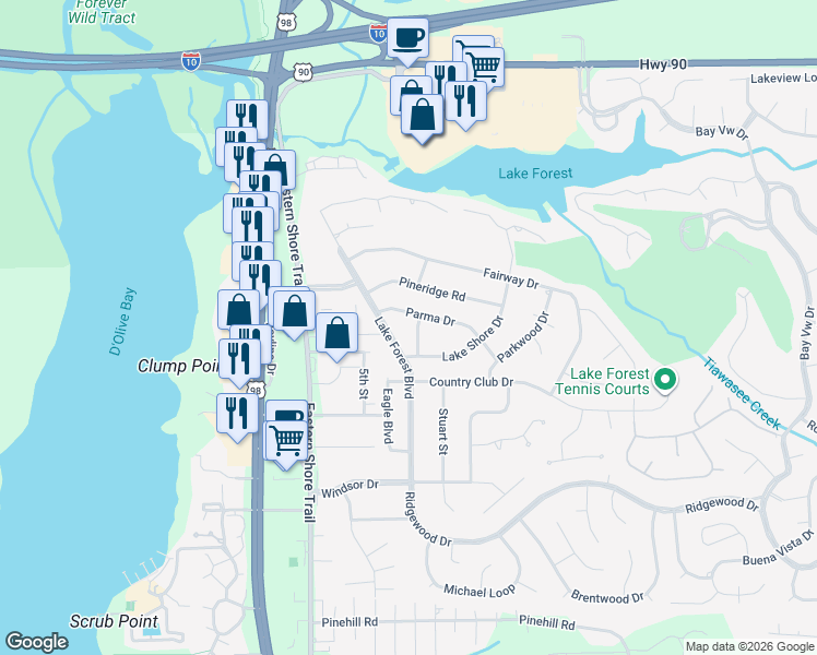 map of restaurants, bars, coffee shops, grocery stores, and more near 52 Tower Drive in Daphne