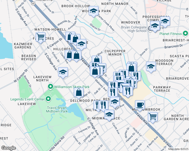 map of restaurants, bars, coffee shops, grocery stores, and more near 2606 Texas Avenue in Bryan