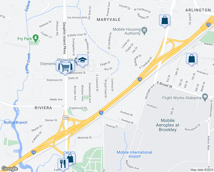 map of restaurants, bars, coffee shops, grocery stores, and more near 1315 West Gulf Field Drive in Mobile