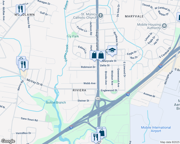 map of restaurants, bars, coffee shops, grocery stores, and more near 2053 Height Street in Mobile