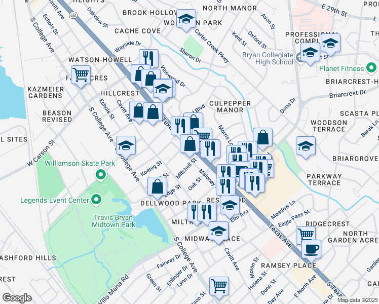 map of restaurants, bars, coffee shops, grocery stores, and more near 2606 Texas Avenue in Bryan
