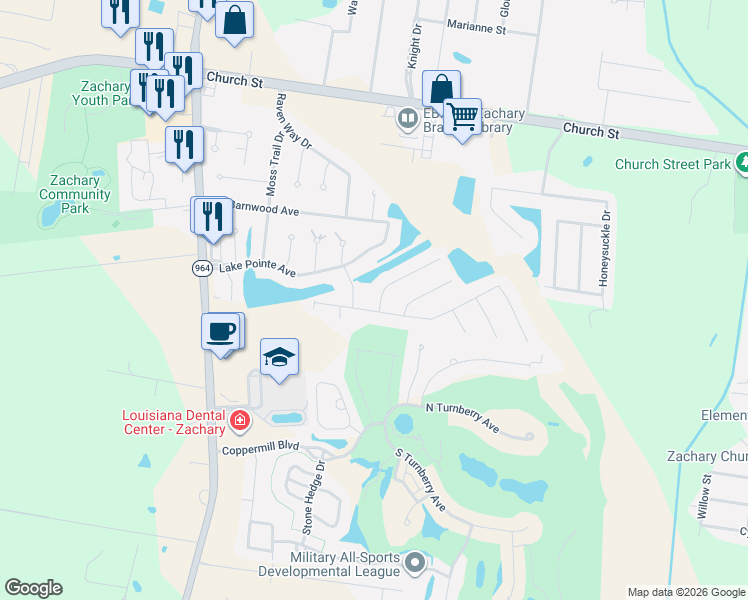 map of restaurants, bars, coffee shops, grocery stores, and more near 2026 Cypress Cove Avenue in Zachary