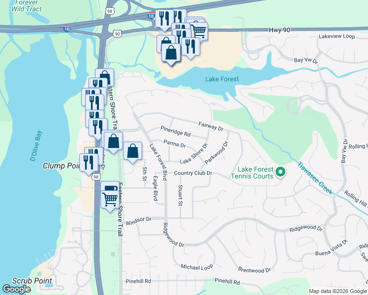 map of restaurants, bars, coffee shops, grocery stores, and more near 22 Parma Drive in Daphne