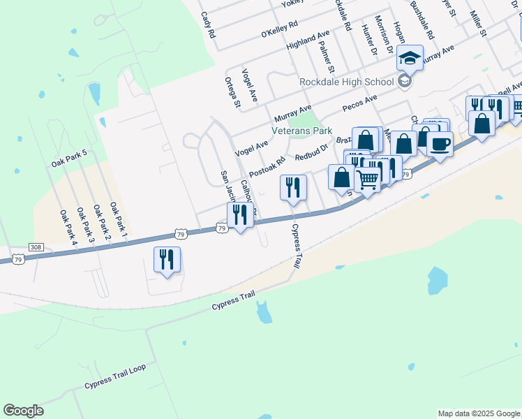 map of restaurants, bars, coffee shops, grocery stores, and more near 310 Calhoun Street in Rockdale