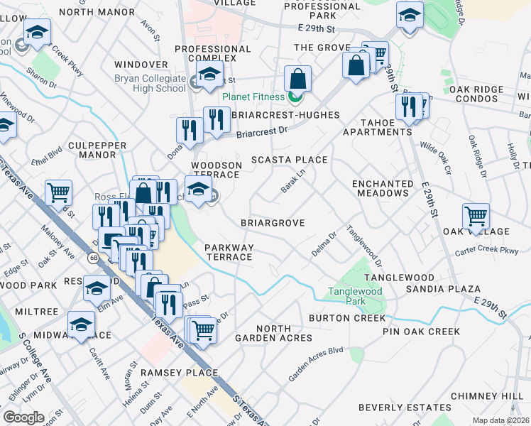 map of restaurants, bars, coffee shops, grocery stores, and more near 1206 Barak Lane in Bryan