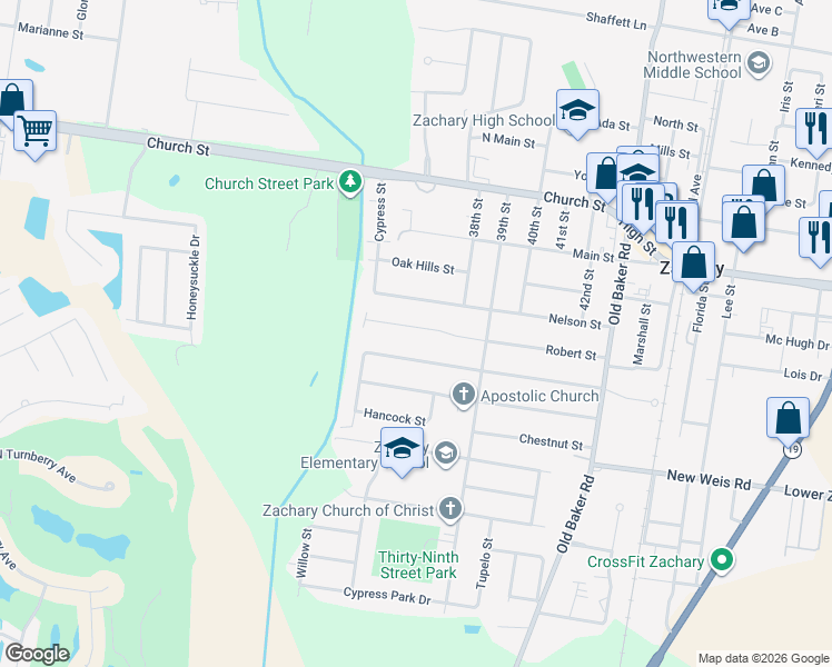 map of restaurants, bars, coffee shops, grocery stores, and more near 3646 Robert Street in Zachary