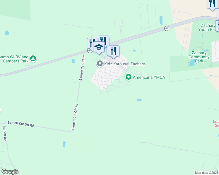 map of restaurants, bars, coffee shops, grocery stores, and more near 1196 Madison Court in Zachary