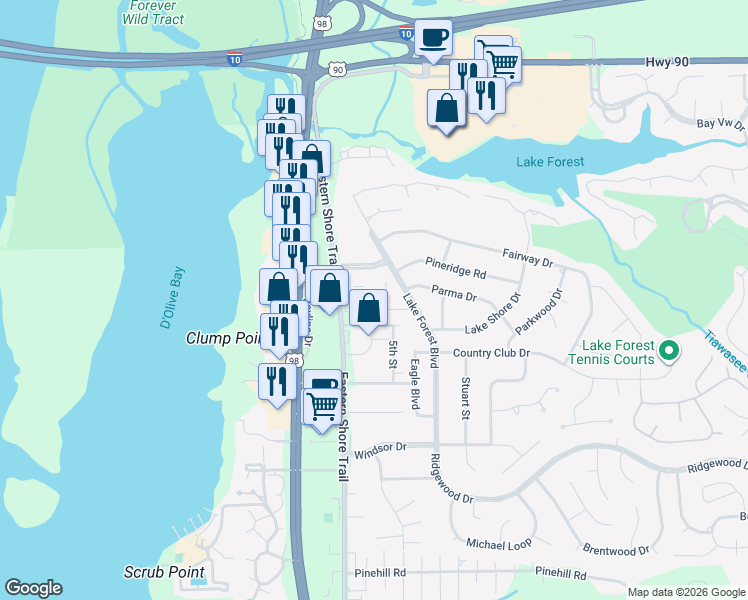 map of restaurants, bars, coffee shops, grocery stores, and more near 600 Cheshire Lane in Daphne