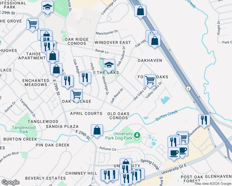 map of restaurants, bars, coffee shops, grocery stores, and more near 4000 Oak Bend Drive in Bryan