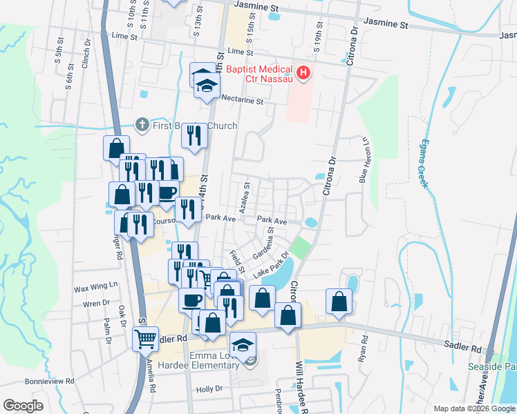 map of restaurants, bars, coffee shops, grocery stores, and more near 1619 Olmsted Lane in Fernandina Beach