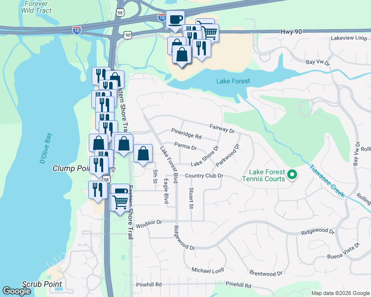 map of restaurants, bars, coffee shops, grocery stores, and more near 200 Parma Drive in Daphne