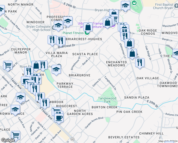 map of restaurants, bars, coffee shops, grocery stores, and more near 3523 Midwest Drive in Bryan