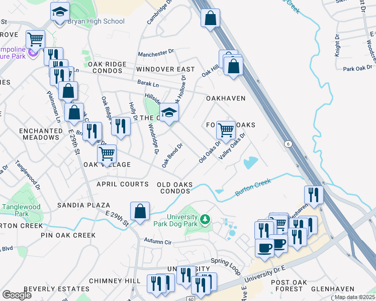 map of restaurants, bars, coffee shops, grocery stores, and more near 2904 Woodmeadow Dr in Bryan