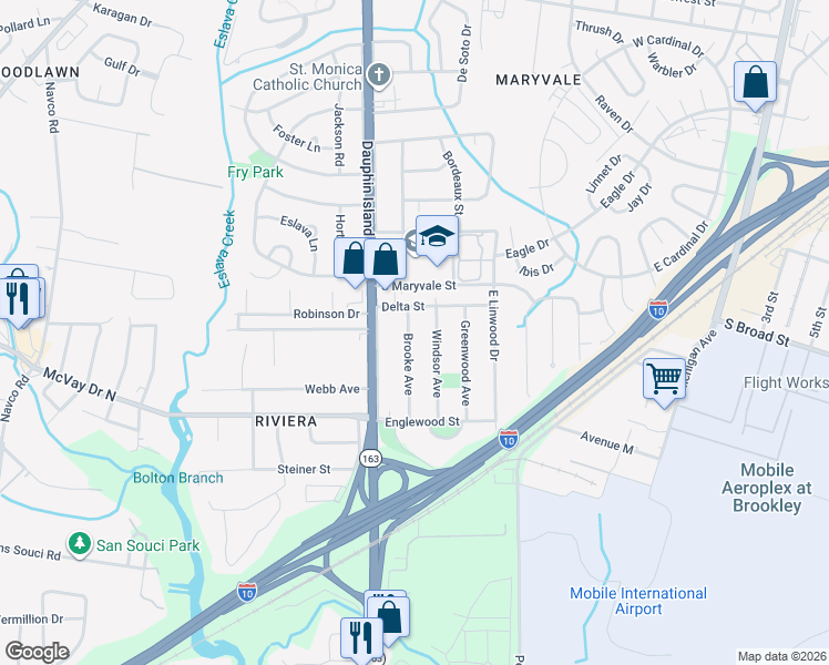 map of restaurants, bars, coffee shops, grocery stores, and more near 1309 Brooke Avenue in Mobile