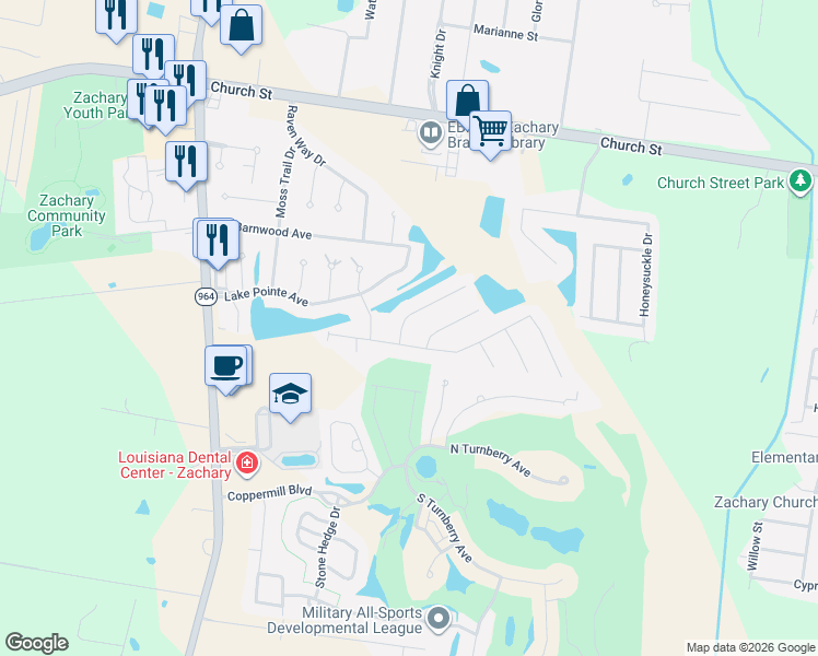 map of restaurants, bars, coffee shops, grocery stores, and more near 2026 Cypress Cove Avenue in Zachary