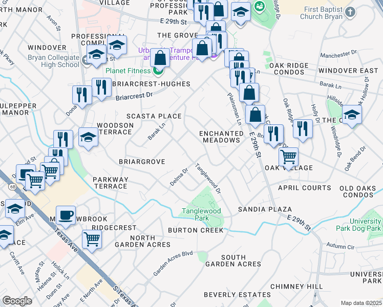 map of restaurants, bars, coffee shops, grocery stores, and more near 3715 Tanglewood Drive in Bryan