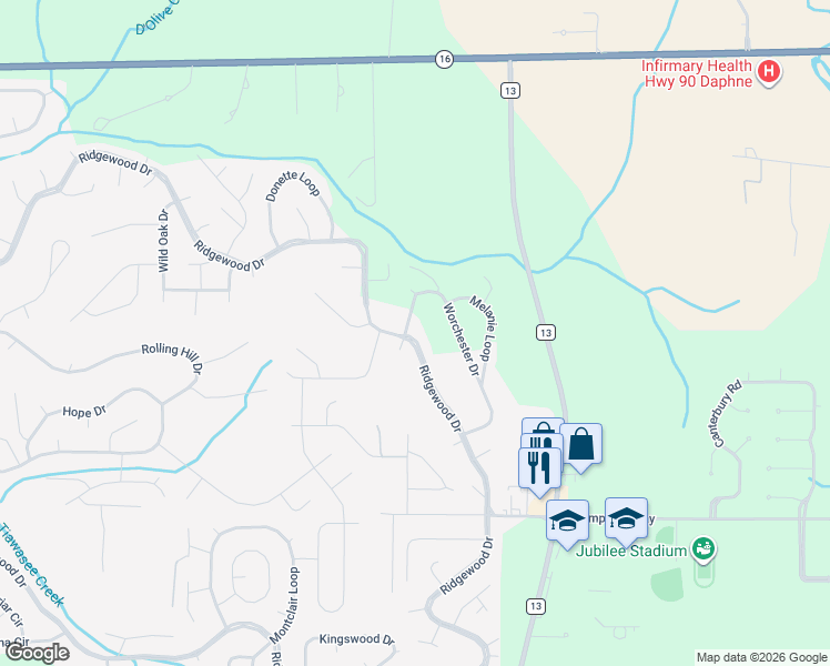 map of restaurants, bars, coffee shops, grocery stores, and more near 101 Worchester Drive in Daphne