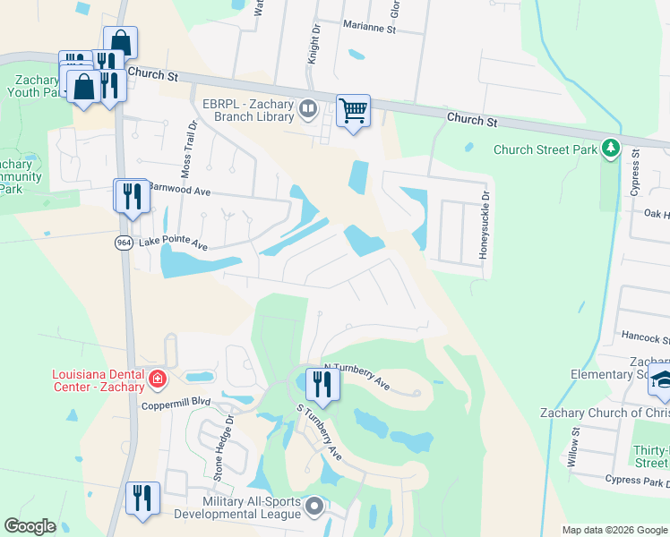 map of restaurants, bars, coffee shops, grocery stores, and more near 2065 High Pointe in Zachary