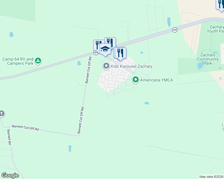 map of restaurants, bars, coffee shops, grocery stores, and more near 1196 Madison Court in Zachary