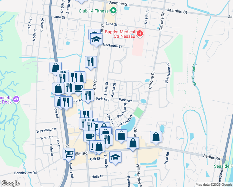 map of restaurants, bars, coffee shops, grocery stores, and more near 1619 Olmsted Lane in Fernandina Beach