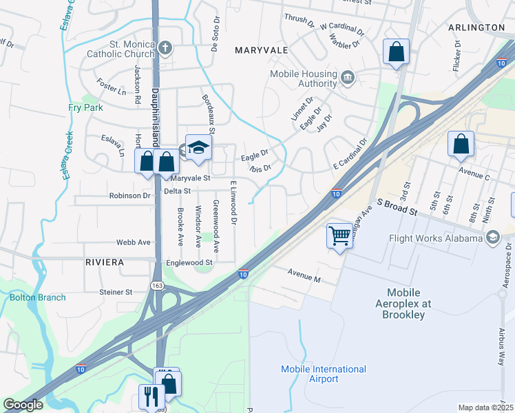 map of restaurants, bars, coffee shops, grocery stores, and more near 1313 West Gulf Field Drive in Mobile