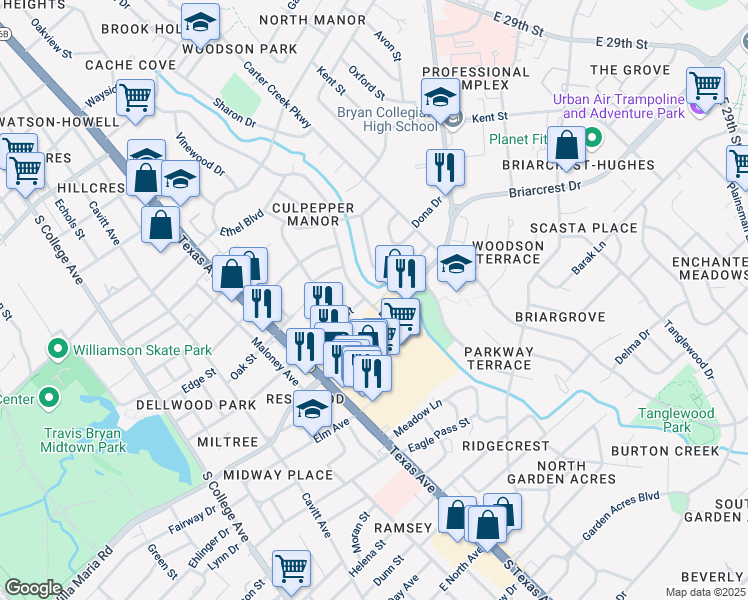 map of restaurants, bars, coffee shops, grocery stores, and more near 2703 Wayside Drive in Bryan