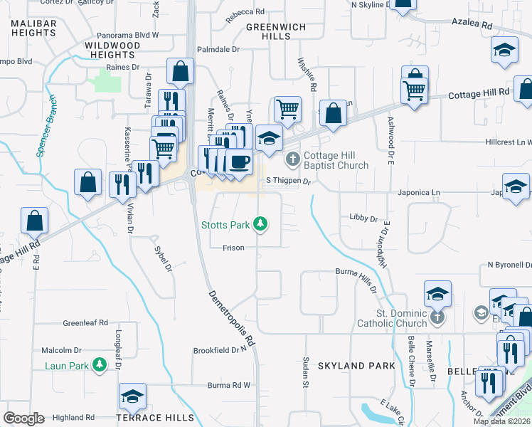 map of restaurants, bars, coffee shops, grocery stores, and more near 2115 Demetropolis Road in Mobile