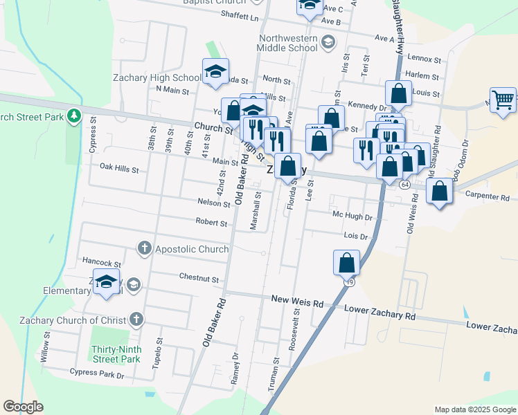 map of restaurants, bars, coffee shops, grocery stores, and more near 4312 Marshall Street in Zachary