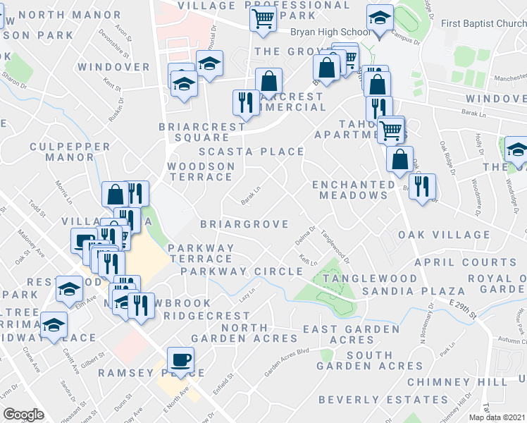 map of restaurants, bars, coffee shops, grocery stores, and more near 3523 Midwest Drive in Bryan