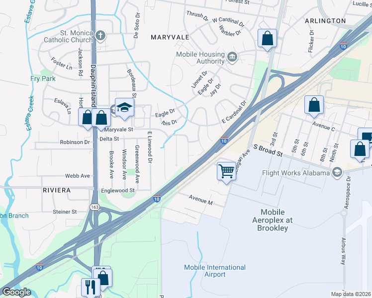 map of restaurants, bars, coffee shops, grocery stores, and more near 1312 East Gulf Field Drive in Mobile