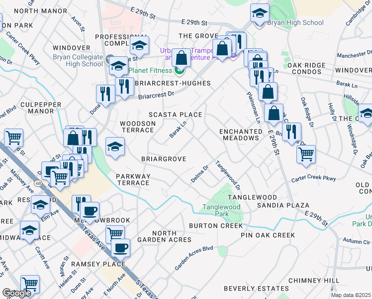 map of restaurants, bars, coffee shops, grocery stores, and more near 3523 Midwest Drive in Bryan