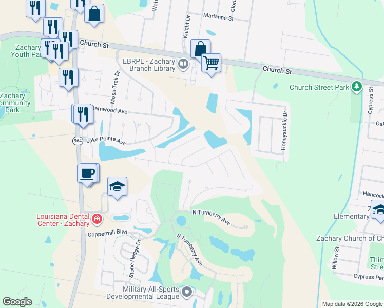 map of restaurants, bars, coffee shops, grocery stores, and more near 2065 High Pointe in Zachary